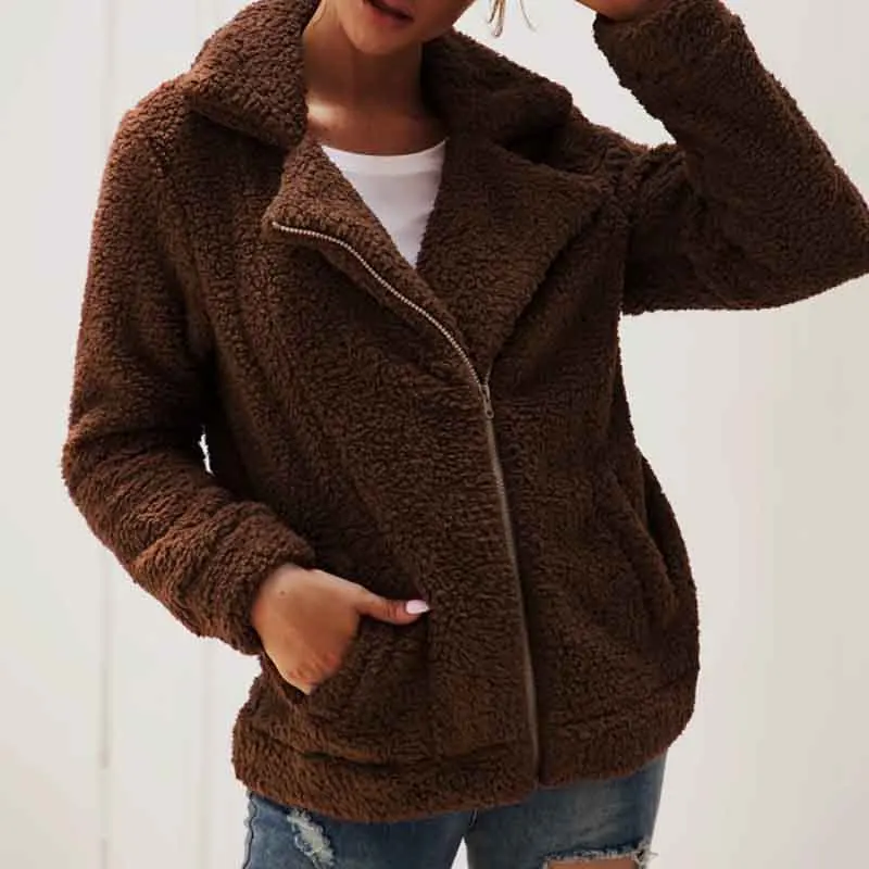 Winter Teddy Coat Woman Thick Warm Lapel Long Sleeve Zipper Fluffy Fake Fur Jackets Female Fashion Plus Size Overcoat | Женская одежда