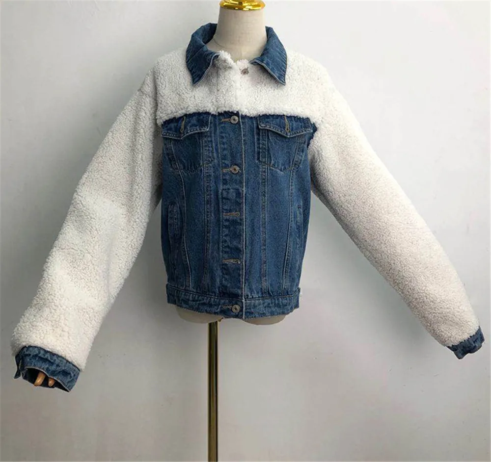 Denim Jacket Fashion Wool Fleece Patchwork Single Breasted Jacket Coat Streetwear Female Outerwear
Denim Jacket Fashion Wool Fleece Patchwork Single Breasted Jacket Coat Streetwear Female Outerwear