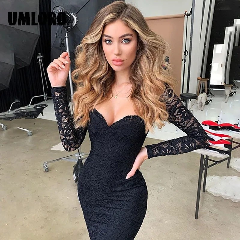 Umloro Autumn And Winter Long-sleeved Lace Base All-match Dress Sexy Split Square Neck Low-cut High-waist Black Hip Skirt Traf 
Umloro Autumn And Winter Long-sleeved Lace Base All-match Dress Sexy Split Square Neck Low-cut High-waist Black Hip Skirt Traf