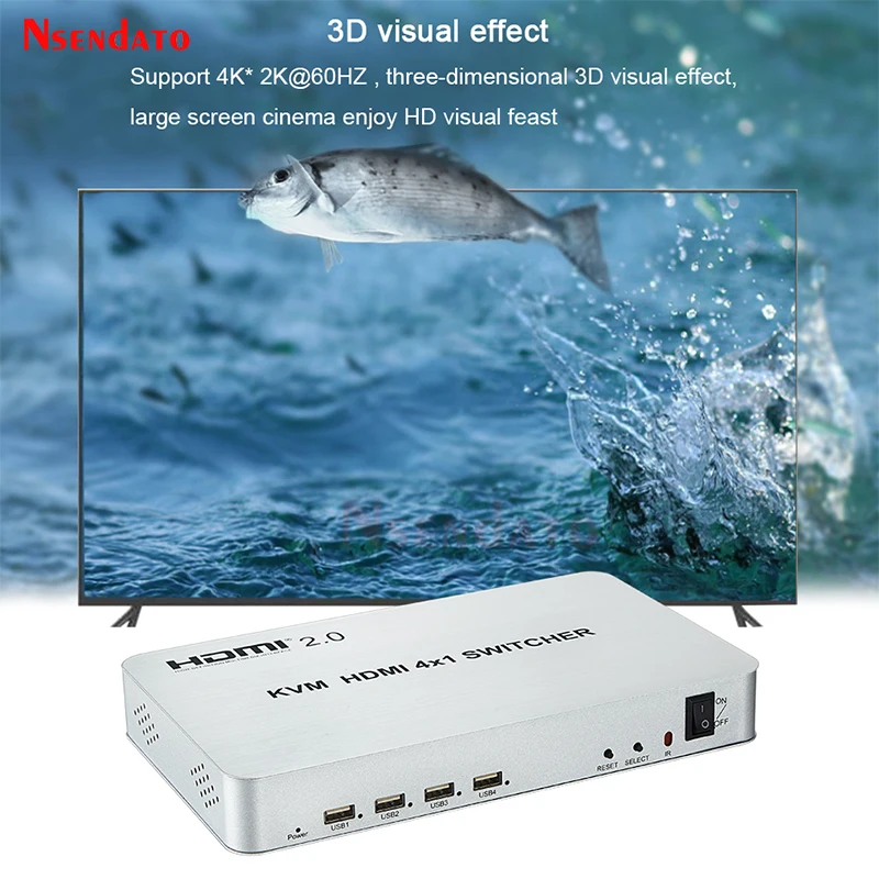 4K HDMI KVM Switch 4 Port USB Switcher 4x1 4k@60HZ box For Keyboard Mouse Printer PC To TV Monitor | Электроника