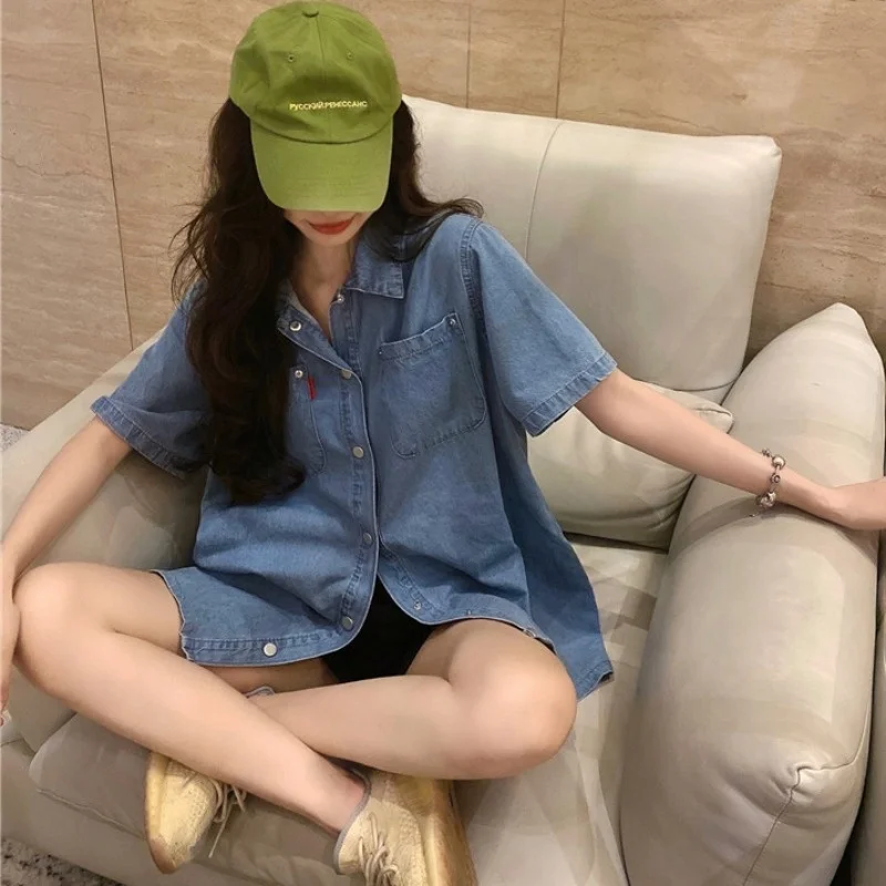 Женская джинсовая рубашка в гонконгском стиле свободная летняя одежда средней и