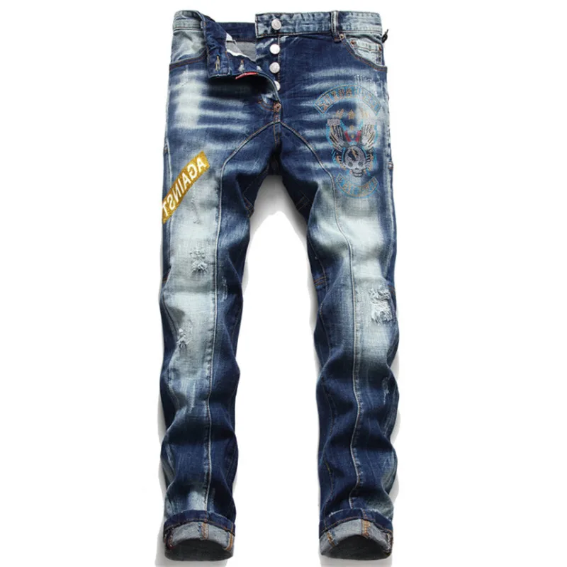 

dsq brand European style D2 Italy pants Men Slim denim trousers stripe blue hole Pencil Pants jeans for men 9705