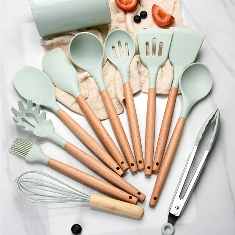 

12 Pcs Silicone Kitchen Ware Wooden Handle Utensils Cookware sets Home Cooking Silica Gel Kitchen Set Kitchen Cooking Tools