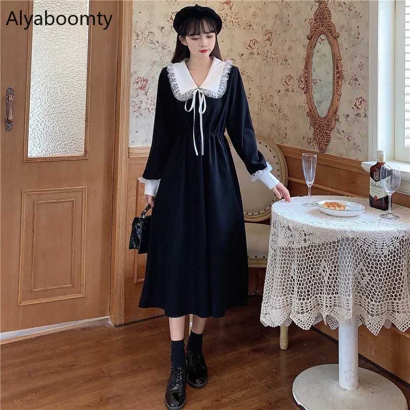 Autumn Spring Women Long Lolita Dress Peter Pan Collar With Lace Black Red Blue French Romantic Dress Elegant Chic Lady Dresses
Autumn Spring Women Long Lolita Dress Peter Pan Collar With Lace Black Red Blue French Romantic Dress Elegant Chic Lady Dresses