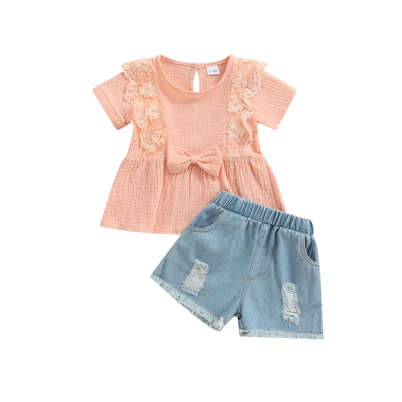 Little Girls 2PCS Pants Set, Plain Color Bow Lace Pleated Crew Neck Tops, Short Frayed Ripped Denim Pants, Summer Casual Wears
Little Girls 2PCS Pants Set, Plain Color Bow Lace Pleated Crew Neck Tops, Short Frayed Ripped Denim Pants, Summer Casual Wears