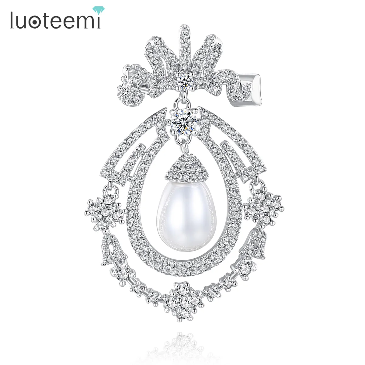 

LUOTEEMI Fashion Oval Shape Luxury Brooch for Women Gift Simulated Pear Pearl Pin For Women CZ Crystal Bridal Wedding Dress Pins