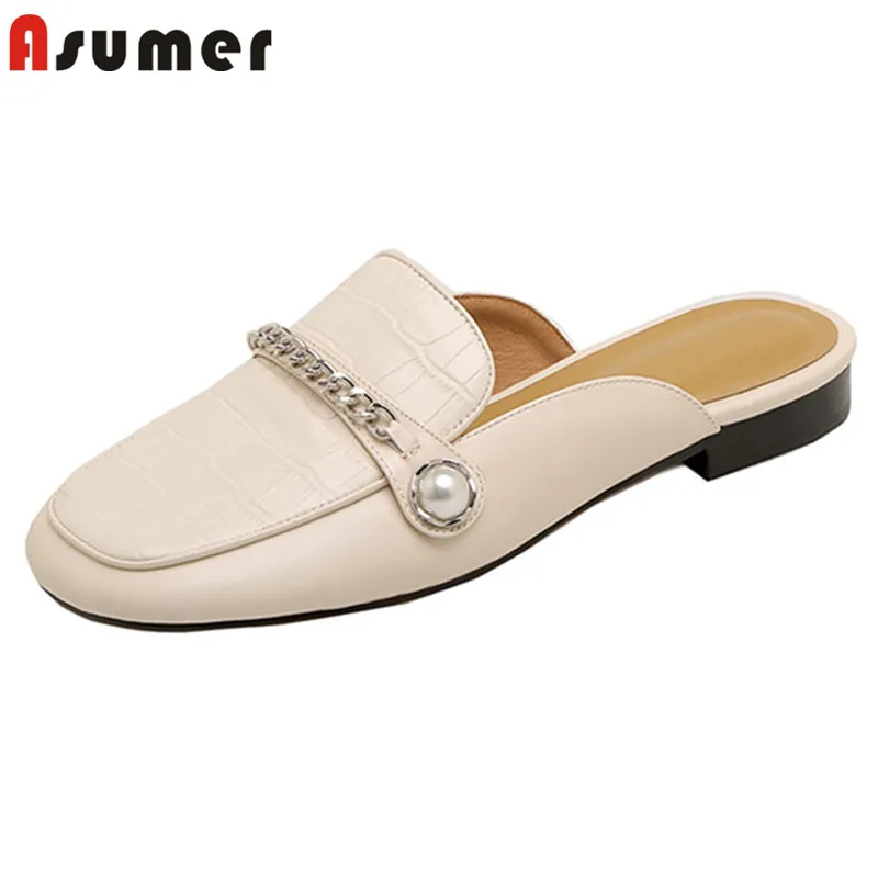 Женские шлепанцы Asumer, из натуральной кожи, с круглым носком, с жемчужной цепочкой, 2021, женские плоские тапочки
Женские шлепанцы Asumer, из натуральной кожи, с круглым носком, с жемчужной цепочкой, 2021, женские плоские тапочки