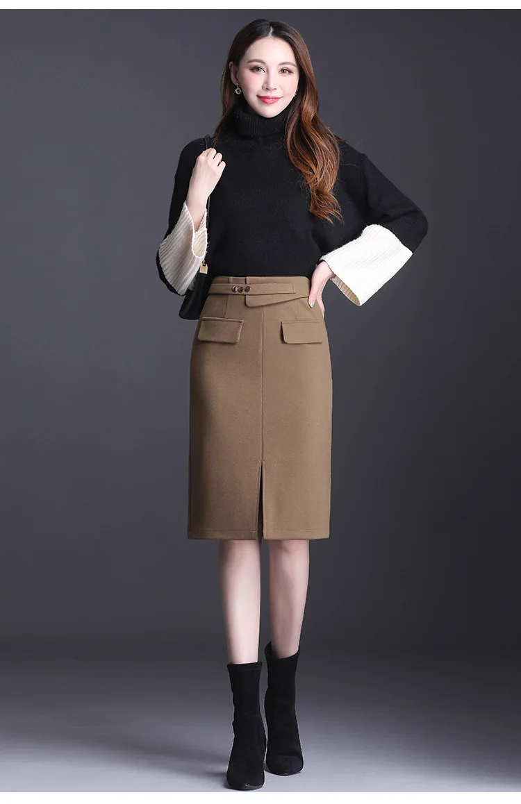 Women Fashion Woolen Slit Bodycon Pencil Skirt Autumn Winter Ladies Slim High Waist Elegant Mid-long Skirts Plus Size M-3XL 9505 
Women Fashion Woolen Slit Bodycon Pencil Skirt Autumn Winter Ladies Slim High Waist Elegant Mid-long Skirts Plus Size M-3XL 9505