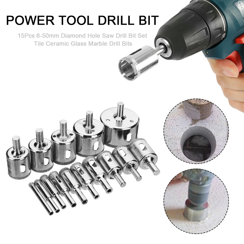 15pcs Diamond Coated Drill Bit Set Tile Marble Glass Ceramic Hole Saw Drilling Bits For Power Tools 6mm-50mm Marble Drilling Bit
15pcs Diamond Coated Drill Bit Set Tile Marble Glass Ceramic Hole Saw Drilling Bits For Power Tools 6mm-50mm Marble Drilling Bit