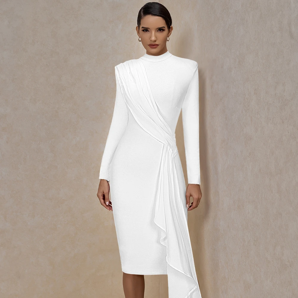 

New Arrival Drape Crew Long Sleeve Bandage Dress 2020 Winter Women White Bandage Dress Bodycon Sexy Evening Party Dress