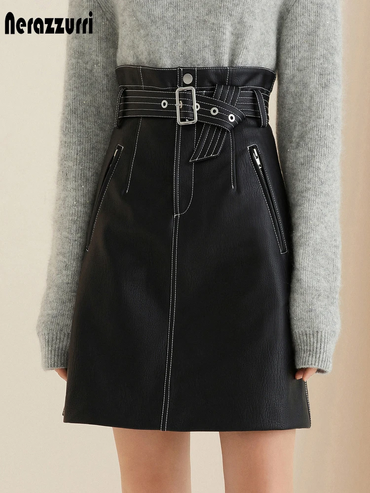 Nerazzurri Spring Short High Waist Black Faux Leather Skirt Women Belt Pockets Mini Skirts for Women Korean Fashion clothing
Nerazzurri Spring Short High Waist Black Faux Leather Skirt Women Belt Pockets Mini Skirts for Women Korean Fashion clothing