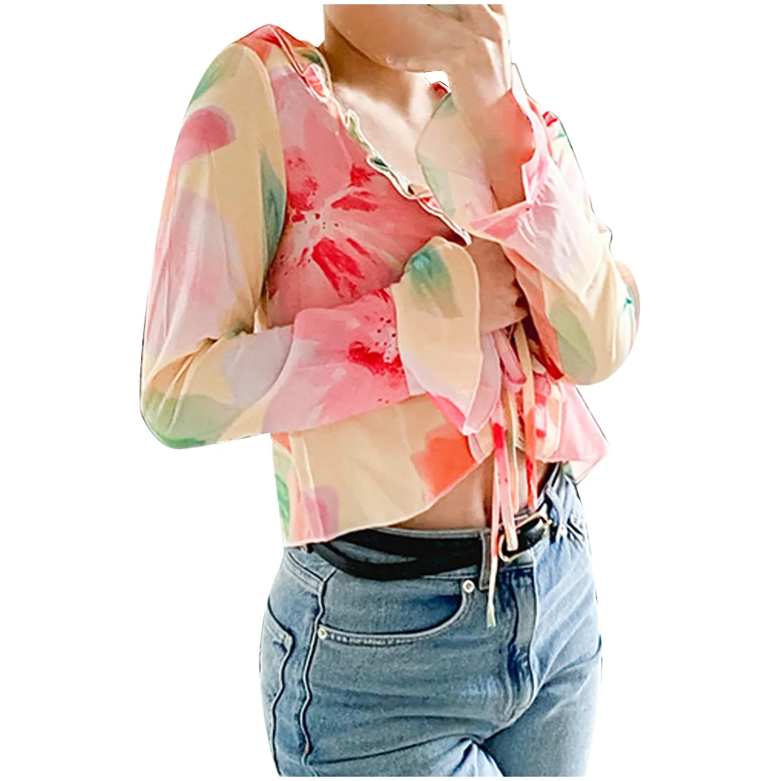 Женская блузка с длинным рукавом V-образным вырезом и цветочным принтом | одежда