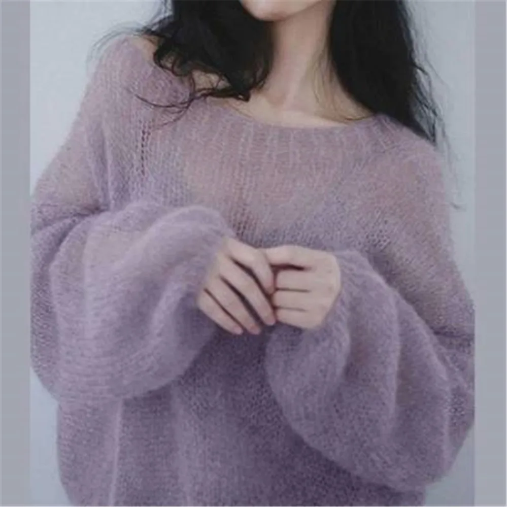Фото Женские мохеровые Тонкие свитеры вязаные пуловеры с вырезами в стиле ретро милые