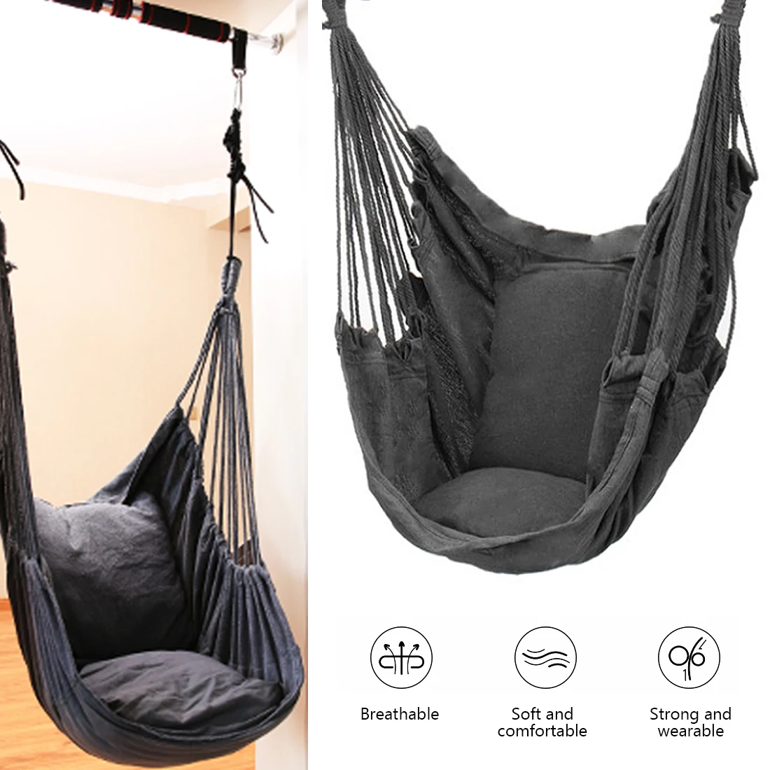 Portable Hammock Chair Hanging Rope Chair Swing Chair Seat with 2 Pillows for Garden Indoor Outdoor Fashionable Hammock Swings
Portable Hammock Chair Hanging Rope Chair Swing Chair Seat with 2 Pillows for Garden Indoor Outdoor Fashionable Hammock Swings