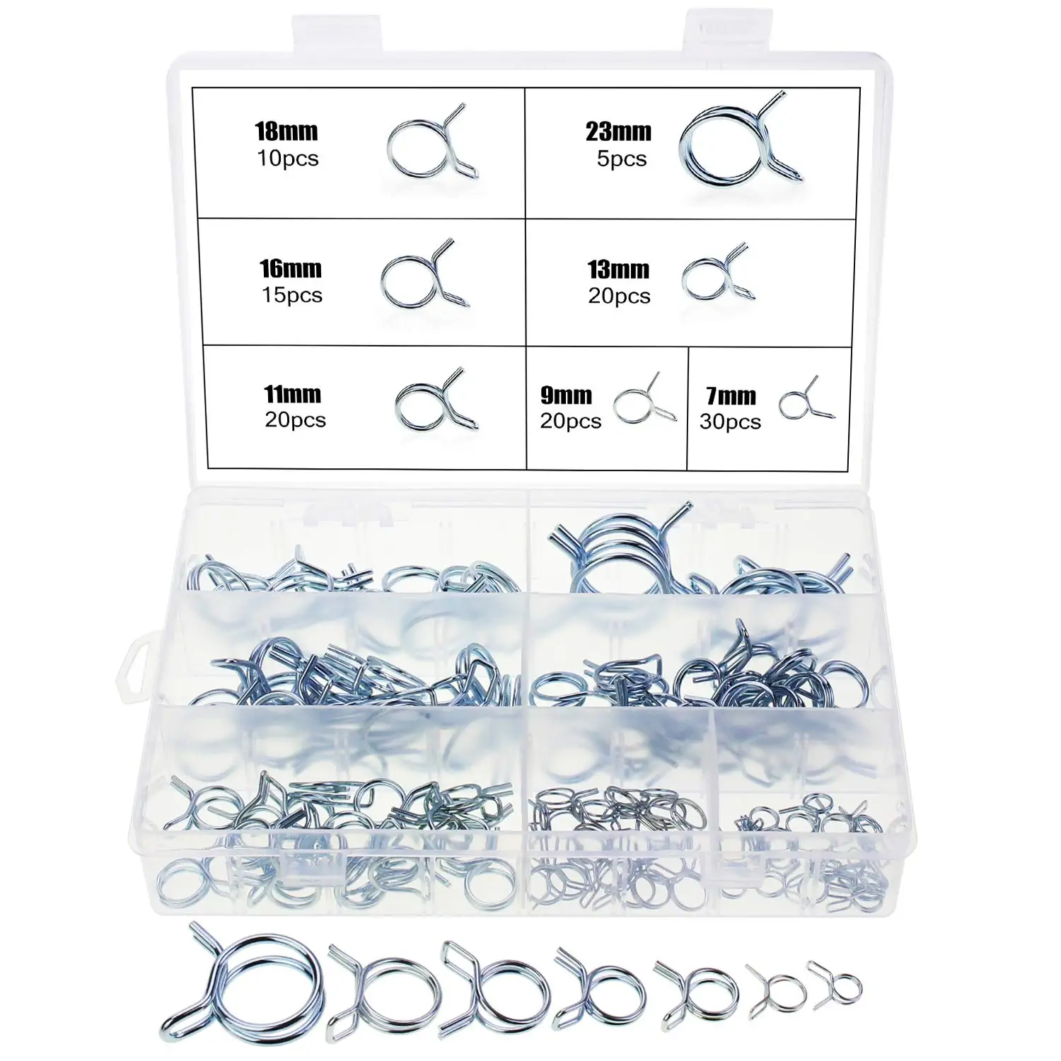 6.7-23mm Double Wire Hose Clamp 7 Values 120Pcs Zinc Plated Steel Fuel Line Hose Tube Spring Clips Clamp Assortment Kit
6.7-23mm Double Wire Hose Clamp 7 Values 120Pcs Zinc Plated Steel Fuel Line Hose Tube Spring Clips Clamp Assortment Kit