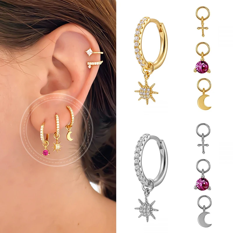 925 Sterling Silver Ear Buckle Two Hoop Earrings + Four Small Pendants Moon/Star/Cross/Bead Round Earrings Fashion Jewelry Gifts
925 Sterling Silver Ear Buckle Two Hoop Earrings + Four Small Pendants Moon/Star/Cross/Bead Round Earrings Fashion Jewelry Gifts