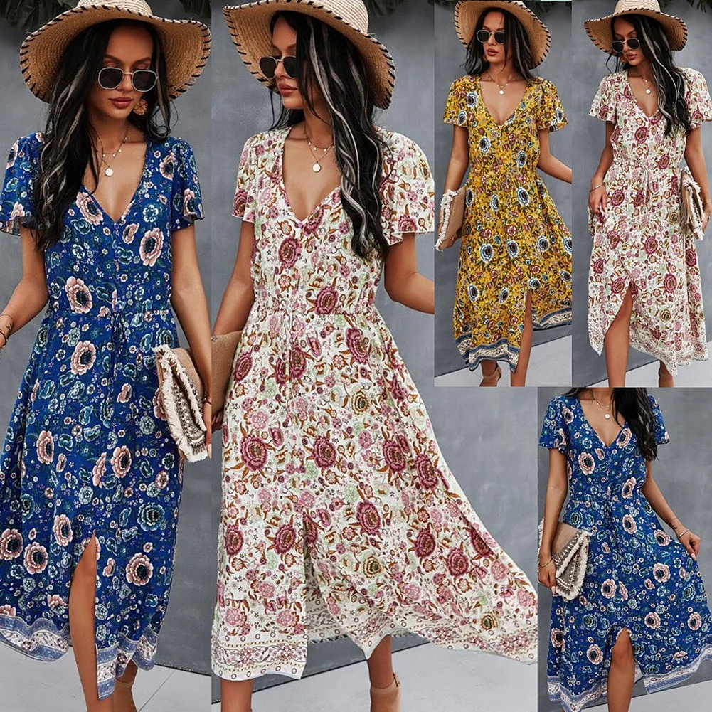 Women's Long Dress Short Sleeve Floral High Waist V-Neck Flowy Spliting Dress for Party Beach Summer XRQ88
Women's Long Dress Short Sleeve Floral High Waist V-Neck Flowy Spliting Dress for Party Beach Summer XRQ88