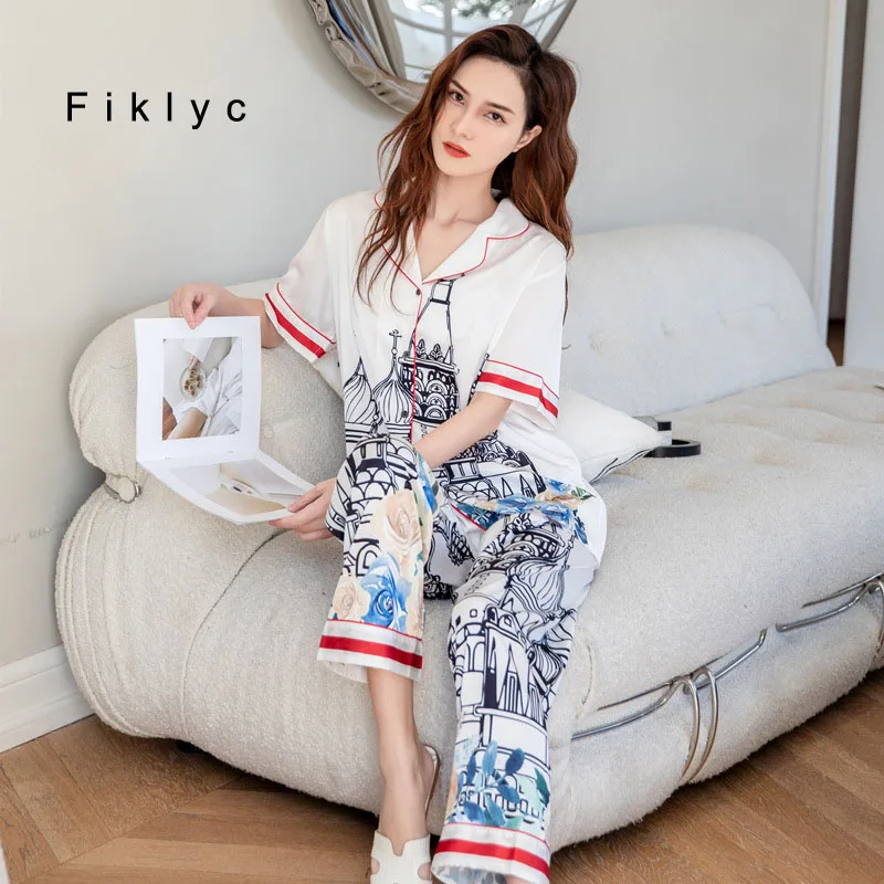 Fiklyc Newest Women's Short Sleeve Long Pants Summer Korean Style Pajamas With Castle Print Turn Down Collar Pyjamas For Girls
Fiklyc Newest Women's Short Sleeve Long Pants Summer Korean Style Pajamas With Castle Print Turn Down Collar Pyjamas For Girls
