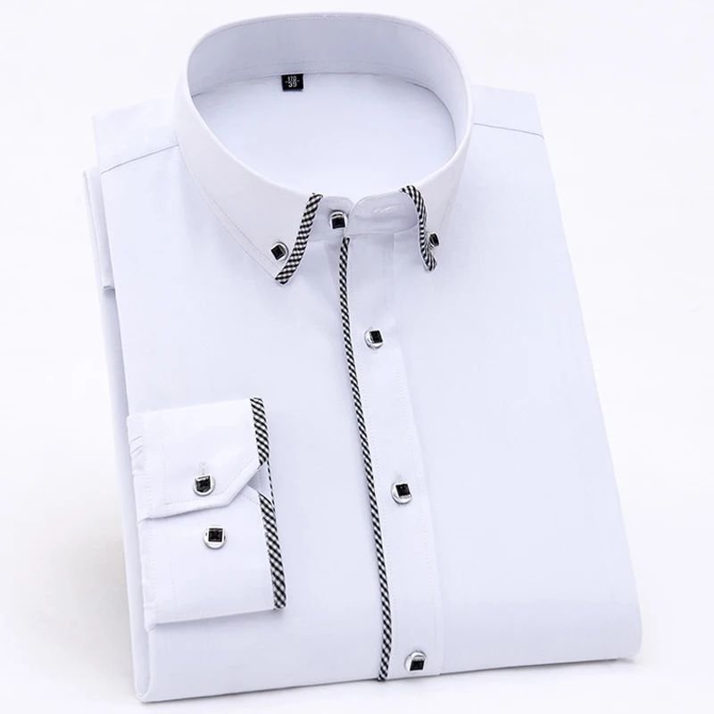 

Men's Long Sleeve Shirt Contrast Collar with Checkered Piping on Placket and Cuffs Pocketless Design Casual Standard-fit Shirts
