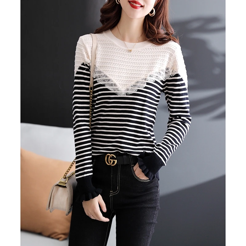 Black And White Striped Sweater New Women's Lace Stitching Hollow Contrast Striped Knitting Top In Spring 2021
Black And White Striped Sweater New Women's Lace Stitching Hollow Contrast Striped Knitting Top In Spring 2021