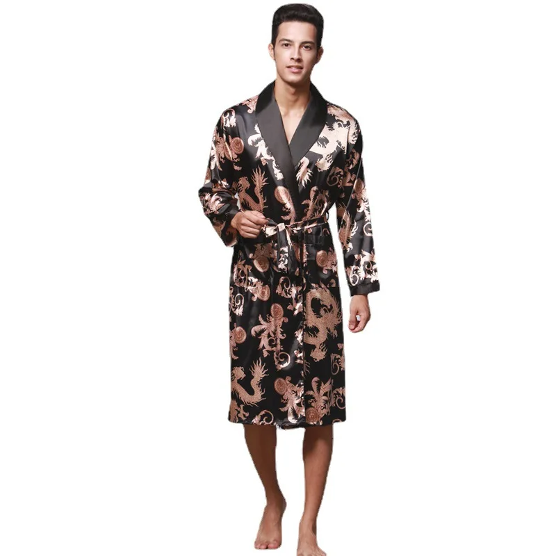 

Men's Bathrobe Fashion Golden Dragon Long Sleeve Robes Home Clothes Plus Size Satin Like Texture Dressing Gown Sleepwear for Man
