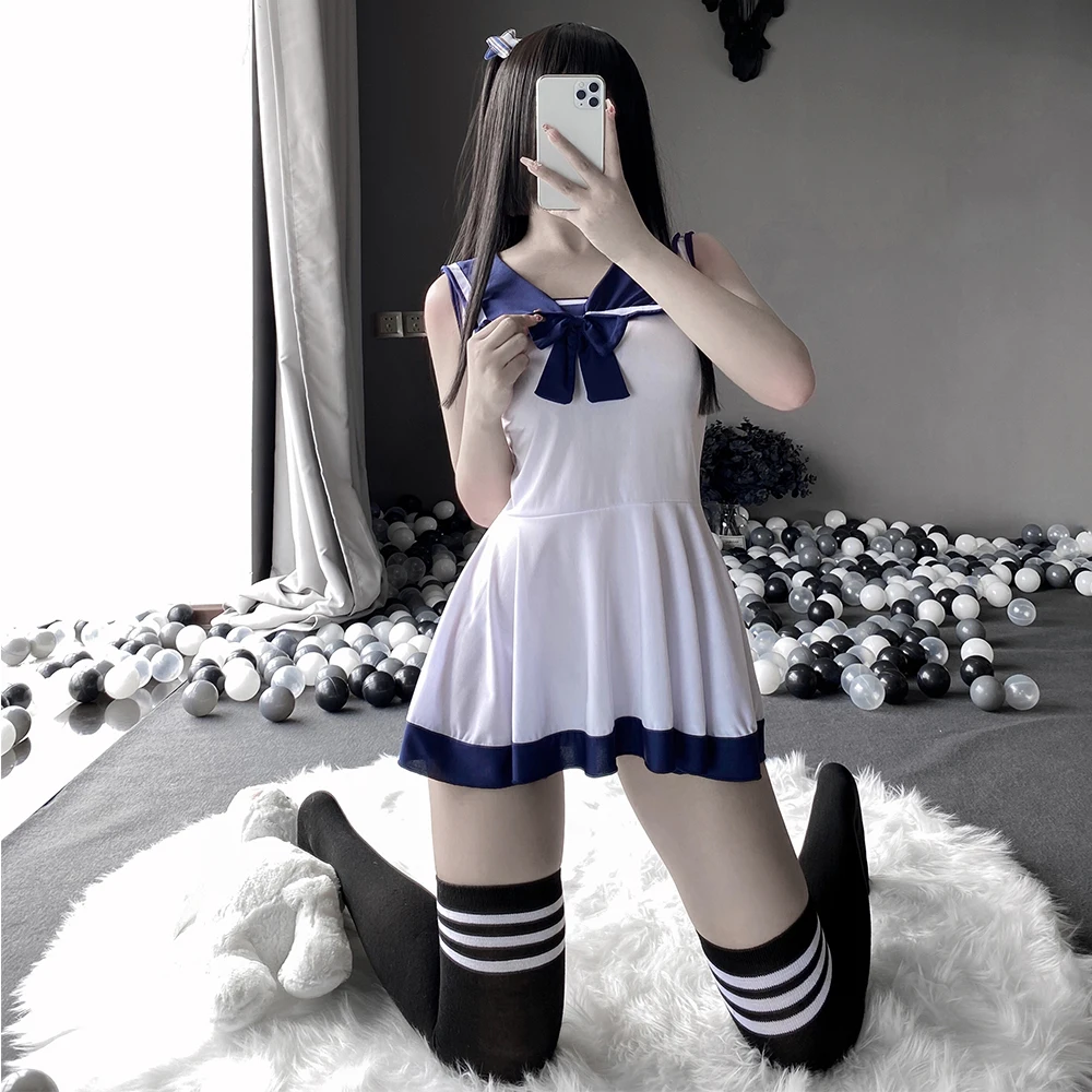 

Women Sexy Uniform Kawaii Japanese Style Miniskirt Cosplay Sailor Costumes JK Dress with Bow Sleeves Sexy Nightwear