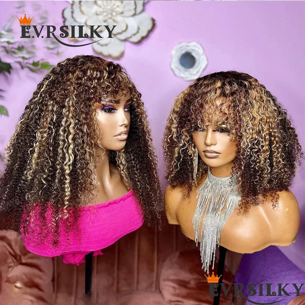 

Highlights Blonde Curly Human Hair Wigs With Bangs 250Density Brown Water Wave Glueless Full Machine Made Fringe Wig For Women