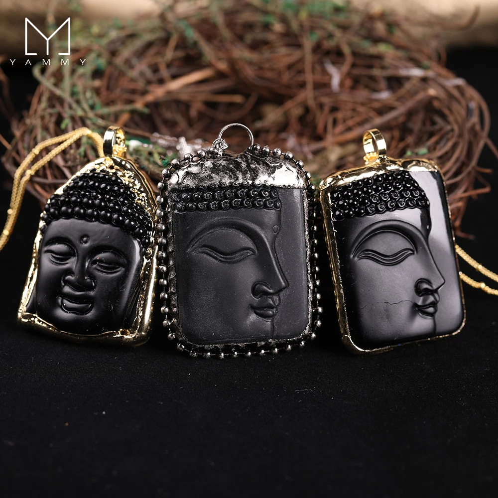 

Yammy Natural Crystal Carved Buddha Head Pendant Gold Chain, Square Peace Glass Gem Stone Buddha Necklace Jewelry