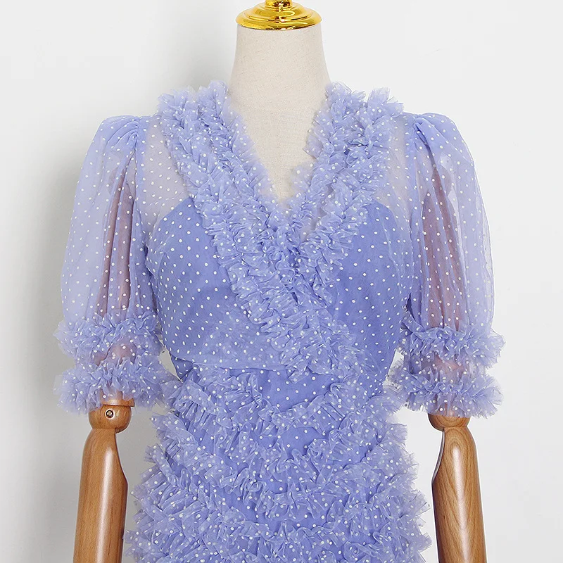 Women Polka Dot Maxi Dress Summer Mesh Semi Sheer High Waist Ruffles Trumpet Mermaid Dress 
Women Polka Dot Maxi Dress Summer Mesh Semi Sheer High Waist Ruffles Trumpet Mermaid Dress