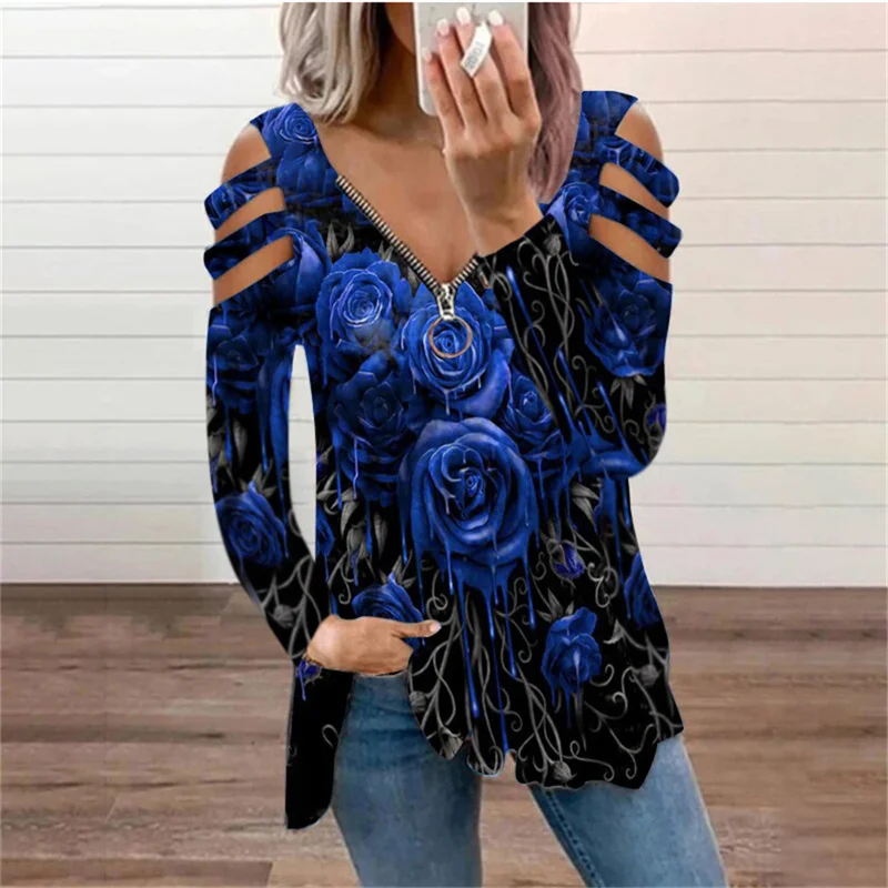 2021 New Vintage Rose Print Long Sleeve Hollow Out T-Shirts Women Sexy V-Neck Zipper Tops Elegant Casual Tee Shirt Streetwear 
2021 New Vintage Rose Print Long Sleeve Hollow Out T-Shirts Women Sexy V-Neck Zipper Tops Elegant Casual Tee Shirt Streetwear
