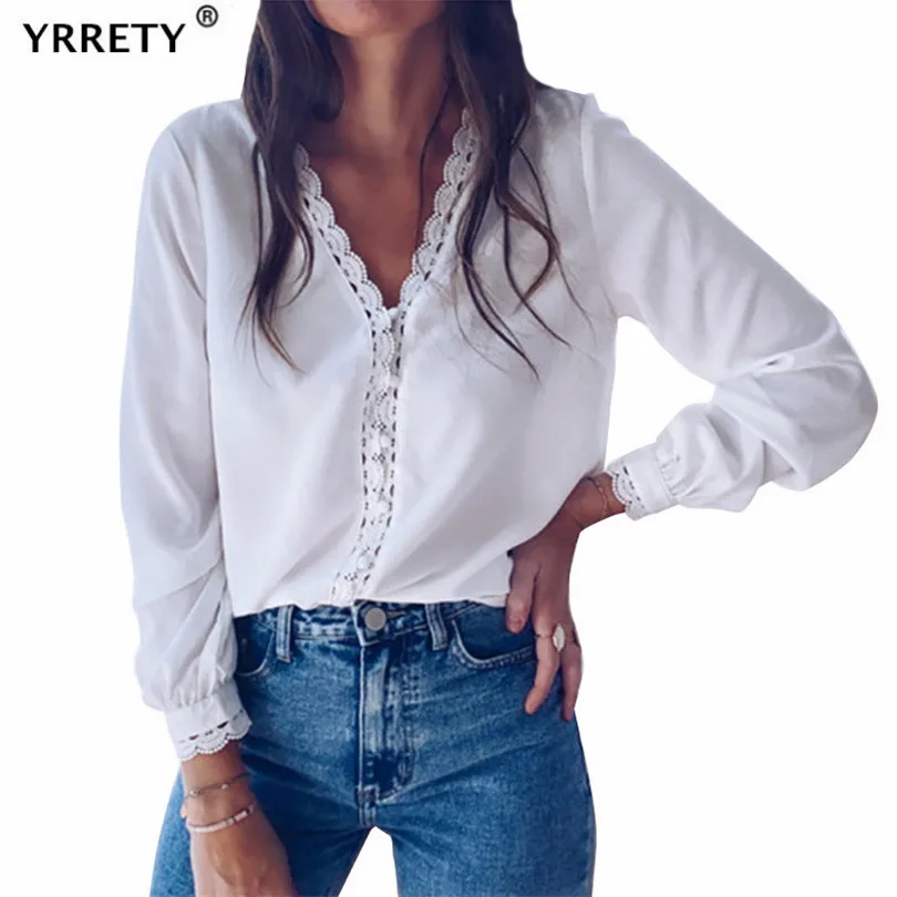 Женская офисная блузка с длинным рукавом и V-образным вырезом 
Женская офисная блузка с длинным рукавом и V-образным вырезом