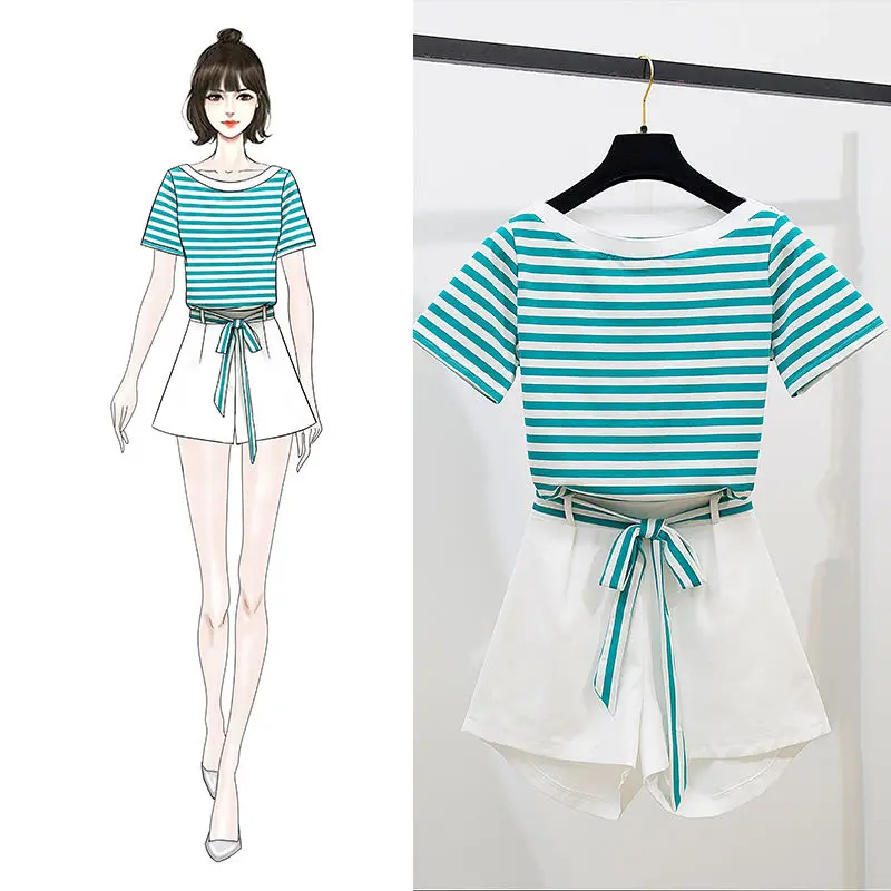 Women 2021 Summer Two Pieces Sets Female Loose Short Sleeves Striped Shirts and Casual Shorts Suit Sportswear Fashion Sets N04
Women 2021 Summer Two Pieces Sets Female Loose Short Sleeves Striped Shirts and Casual Shorts Suit Sportswear Fashion Sets N04