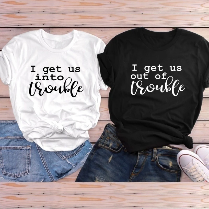 I get us into trouble Women's Fashion Round Neck Short Sleeve Shirts Cute Shirts for Best Friends slogan tumblr tee tops -J807
I get us into trouble Women's Fashion Round Neck Short Sleeve Shirts Cute Shirts for Best Friends slogan tumblr tee tops -J807