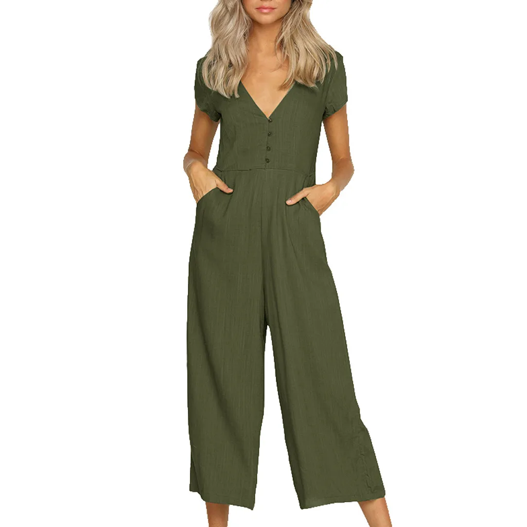 Summer Bohemian Jumpsuit Women Elegance Fashion Elegant Cotton Linen Solid Color Short-sleeved V-neck Casual Jumpsuits Outfits 
Summer Bohemian Jumpsuit Women Elegance Fashion Elegant Cotton Linen Solid Color Short-sleeved V-neck Casual Jumpsuits Outfits