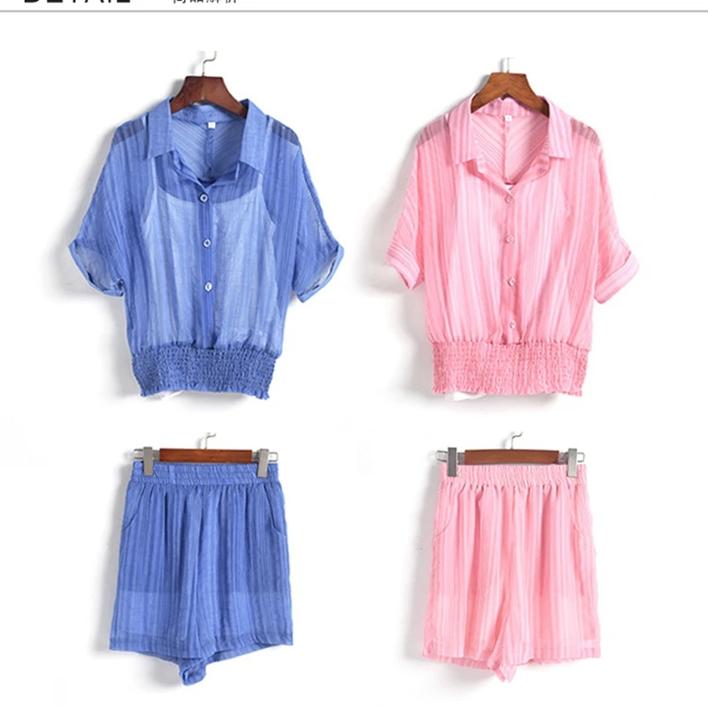 2020 Summer Women 3 piece set Casual perspective tops + vest+shorts Soild color Female office Set Short Sleeve Sets
2020 Summer Women 3 piece set Casual perspective tops + vest+shorts Soild color Female office Set Short Sleeve Sets