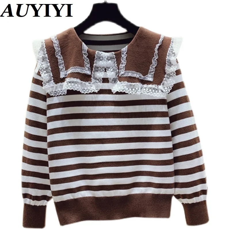 AUYIYI Autumn And Winter Clothing 2021 New Casual Wild Loose Lace Stitching Navy Collar Striped Sweater Women
AUYIYI Autumn And Winter Clothing 2021 New Casual Wild Loose Lace Stitching Navy Collar Striped Sweater Women