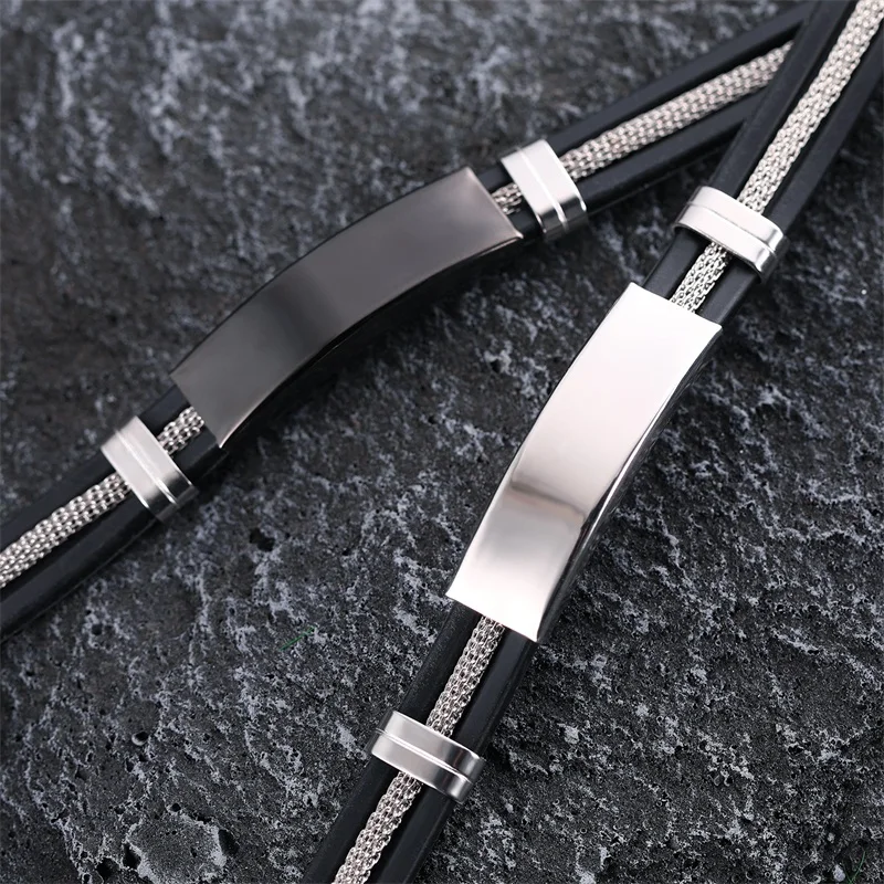 AZIZ BEKKAOUI Men Wrist Band Engrave Name Bracelet Black Grooved Rudder Silicone Mesh Link Insert Punk Stainless Steel Bangle
AZIZ BEKKAOUI Men Wrist Band Engrave Name Bracelet Black Grooved Rudder Silicone Mesh Link Insert Punk Stainless Steel Bangle