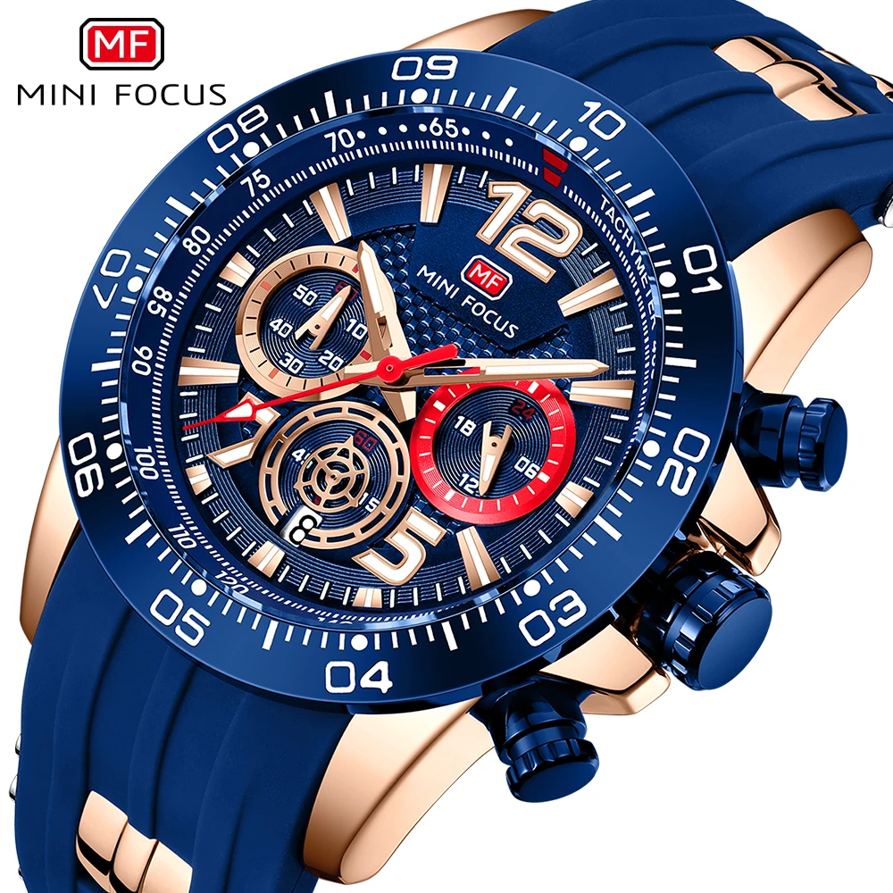 

MINI FOCUS Blue Sport Men Watch Fashion Chronograph Sub-dials Luminous Calendar Quartz Clock Silicone Strap relogio masculino