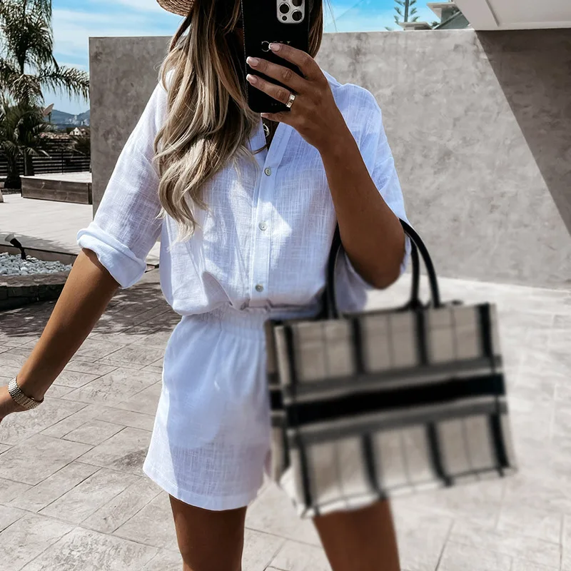 2021 Summer Women Linen Shorts Set Turn-down Collar Long Sleeve Top Shirt And Loose Shorts Casual Two Pieces Set Outfit Female
2021 Summer Women Linen Shorts Set Turn-down Collar Long Sleeve Top Shirt And Loose Shorts Casual Two Pieces Set Outfit Female