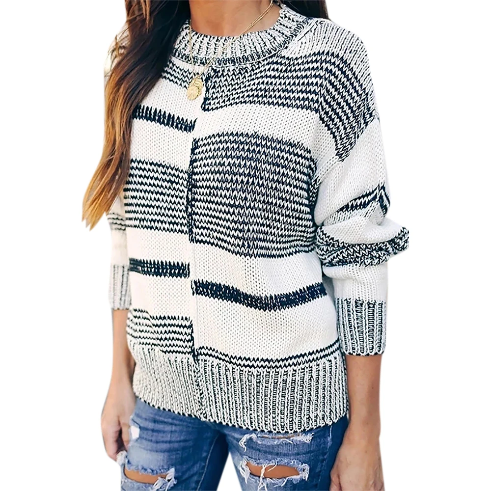 VICABO Full Sleeve Crew Neck Loose Casual Clothing Tops Autumn Winter Knitted Pullover Black White Line Print Women Pullovers
VICABO Full Sleeve Crew Neck Loose Casual Clothing Tops Autumn Winter Knitted Pullover Black White Line Print Women Pullovers