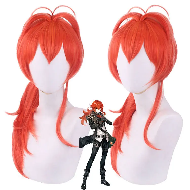 

60CM Genshin Impact Diluc Cosplay Long Red Ponytail Wig Anime Cosplay Wigs Heat Resistant The Noble Son of Dawn Winery