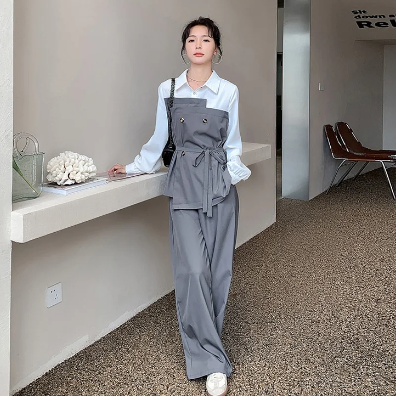 2021 Fall New 2 Piece Sets Long Sleeve Lapel Splice Bandage Shirt High Waist Wide Leg Pants Women Elegant Korean Outfits F109 
2021 Fall New 2 Piece Sets Long Sleeve Lapel Splice Bandage Shirt High Waist Wide Leg Pants Women Elegant Korean Outfits F109