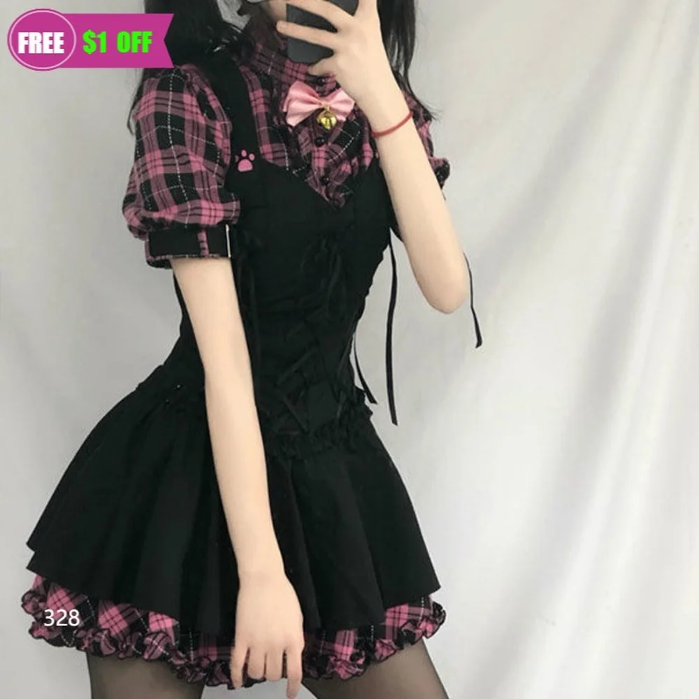 Summer Mini Dress Women Plaid 2021 Kawaii Fairy Clothes Short Sleeve Strap Dress Lolita Harajuku Cottagecore Robe Goth
Summer Mini Dress Women Plaid 2021 Kawaii Fairy Clothes Short Sleeve Strap Dress Lolita Harajuku Cottagecore Robe Goth