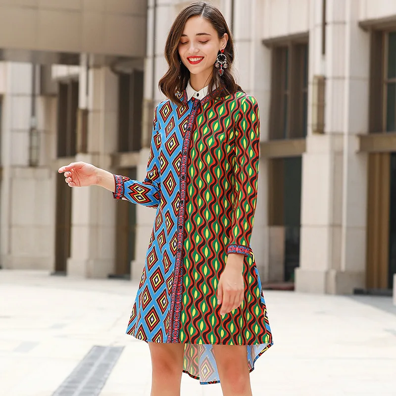 New Long Sleeve Lapel Rhombus Wave Print Stitching Single-Breasted Irregular Jumpsuit Shirt Dress Women's Clothing 
New Long Sleeve Lapel Rhombus Wave Print Stitching Single-Breasted Irregular Jumpsuit Shirt Dress Women's Clothing