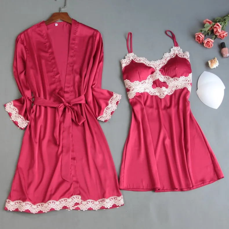 Women Robe & Gown Sets Sexy Lace Sleep Lounge Pijama Long Sleeve Ladies Nightwear Bathrobe Night Dress With Chest Pads 
Women Robe & Gown Sets Sexy Lace Sleep Lounge Pijama Long Sleeve Ladies Nightwear Bathrobe Night Dress With Chest Pads