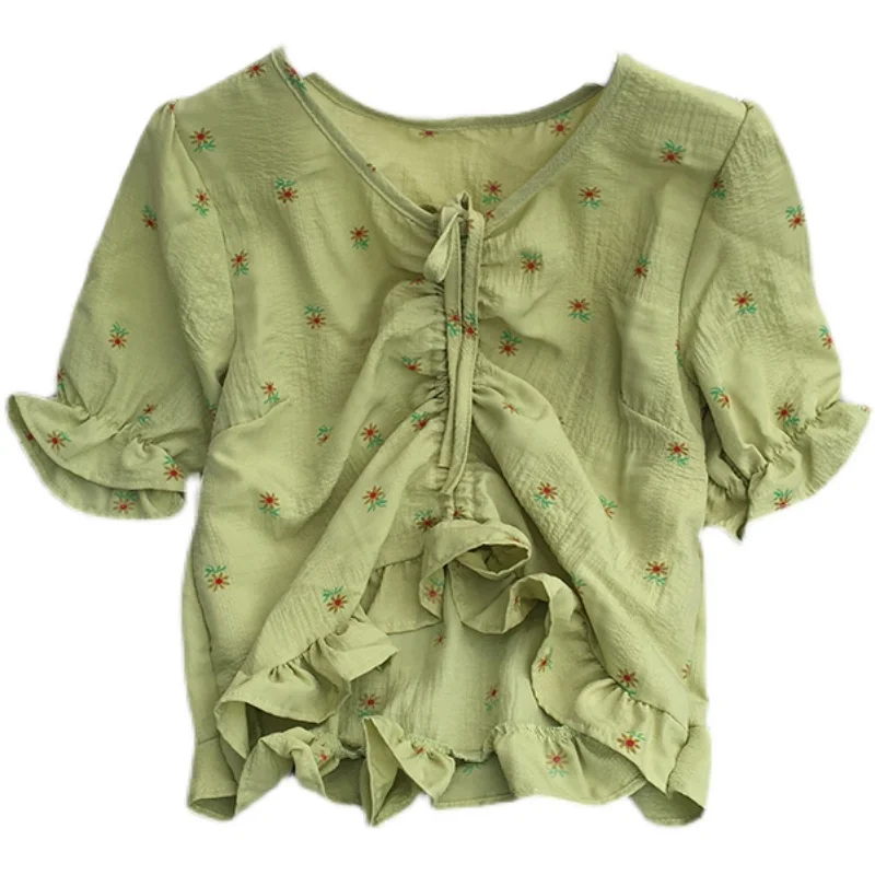 2021 New Summer Retro All-match lace up V-neck short sleeve Shirt drawstring ruched slim short Floral Shirt Top
2021 New Summer Retro All-match lace up V-neck short sleeve Shirt drawstring ruched slim short Floral Shirt Top