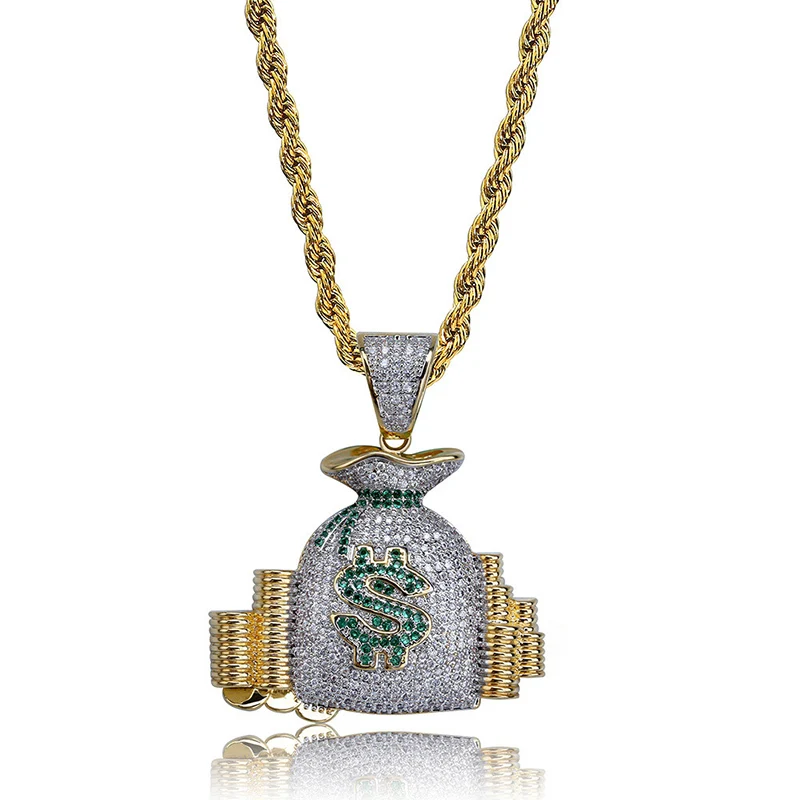 

Hip Hop Micro Paved AAA+ Cubic Zirconia Iced Out Bling Two Tone US Dollar Money Bag Pendants Necklace for Men Rapper Jewelry