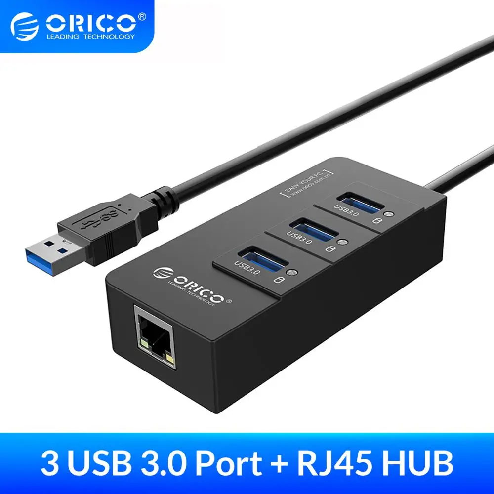 

USB-Концентратор ORICO HR01-U3, USB 3,0, с внешней сетевой картой RJ45 Gigabit, SuperSpeed, 5 Гбит/с, черный