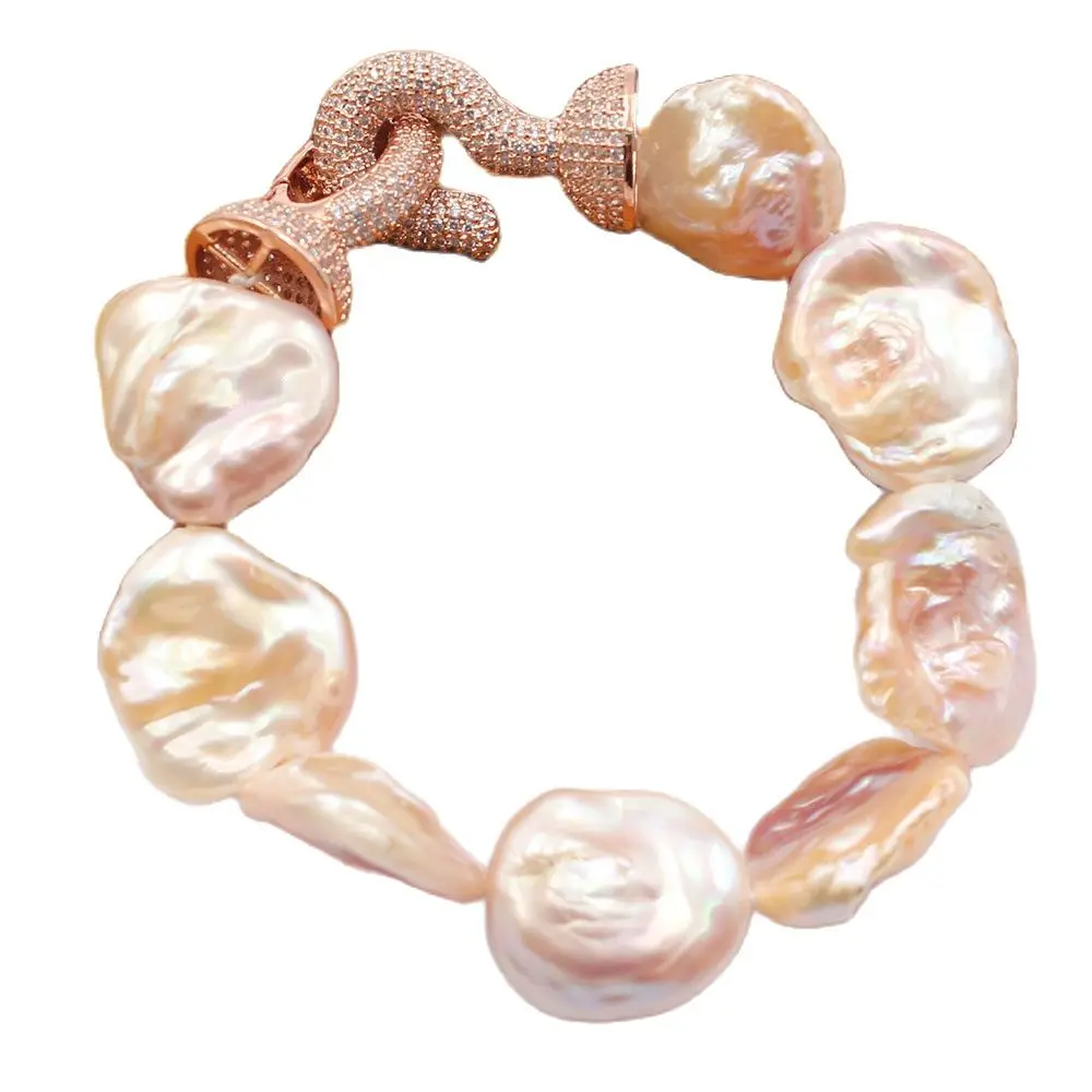 

GG Jewelry Natural Pink Lavender Baroque Keshi Pearl Freedom Coin Pearl Rose Gold CZ Paved Clasp Bracelet Handmade For Women