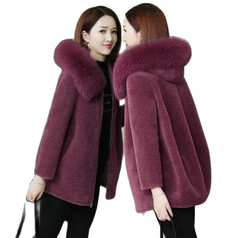 

2021New Overcoat Parka Thicken Hooded Winter Ladies Jacket Imitate Lambswool Fur Women's Coat Mother's Grain Fleece Overcoat